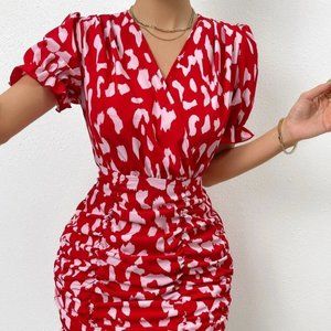 Red Elegant Womens Allover Print Puff Sleeve Ruched Ruffle Hem Dress